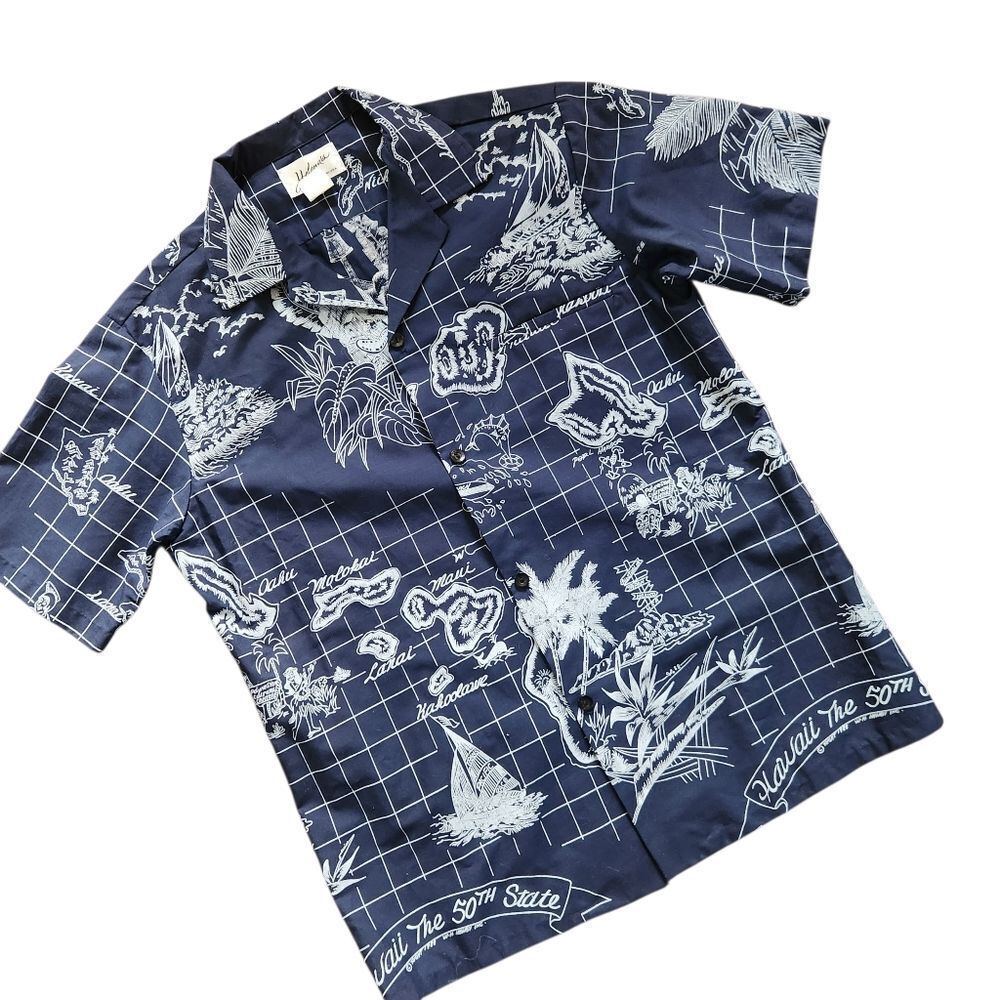 Helena's Hawaiian Shirt Mens Medium Vintage USA Blue White Map Island Tropical